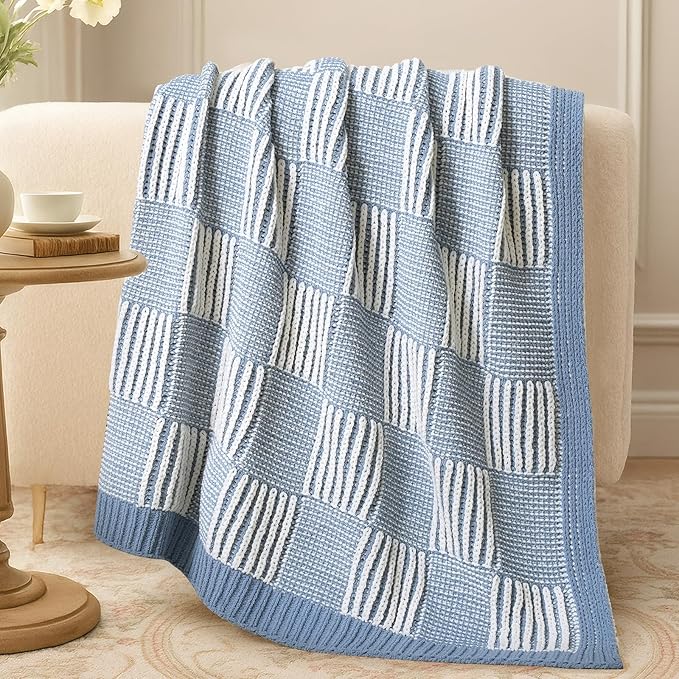 Amélie Home Checkered Knit Throw Blanket for Couch, Chenille Texture Decorative Soft Blanket for Sofa & Chair, 50"x60", Blue & White