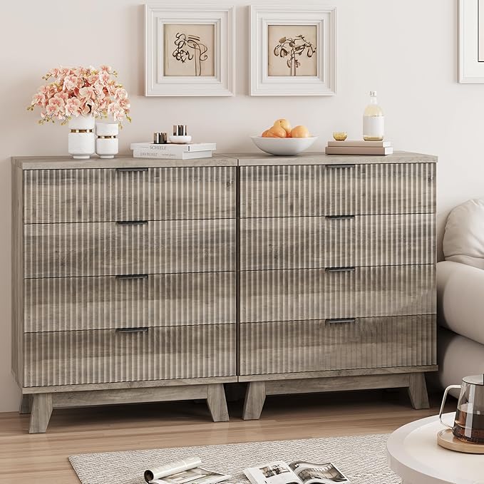 Fluted Nightstand, 31.5" Wide Side Table with 4 Large Storage Drawers, Mid Century Modern Wood Night Stand with Metal Handle, Wooden Bedside End Table for Bedroom, Living Room, Closet, Grey