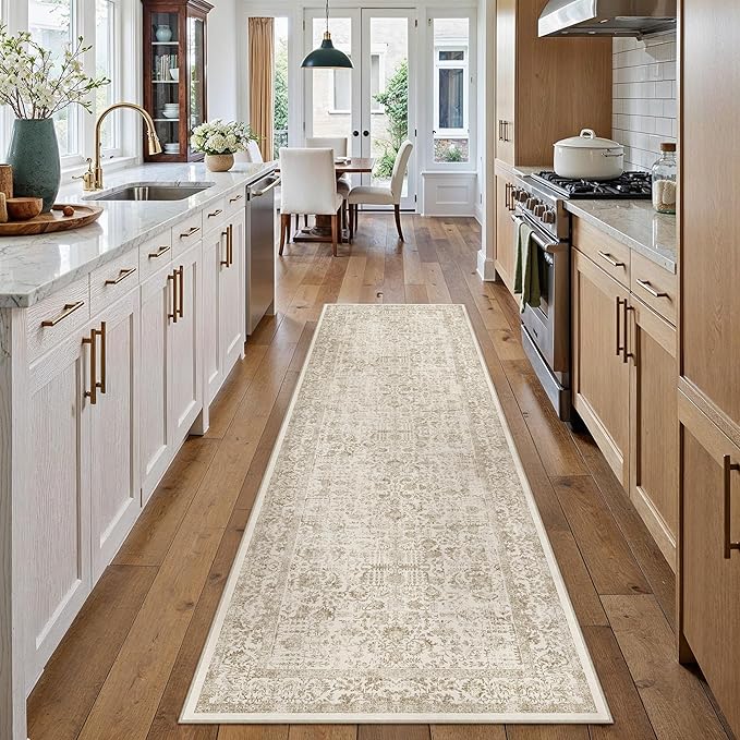 Light Brown Runner Rug 2x8 Hallway Machine Washable Kitchen Vintage Distressed Non Slip Long Carpet Indoor Retro Floral Bedroom Accent Throw Rug for Bathroom Office Laundry Dining Room