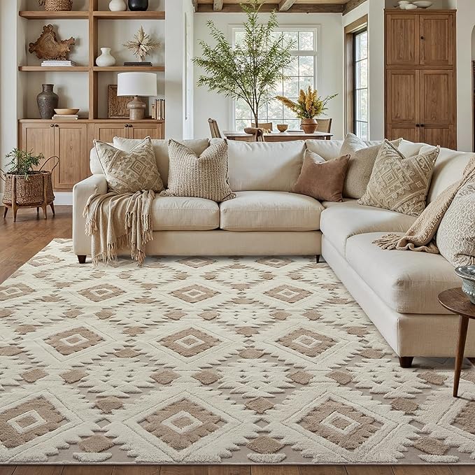 Ivory Brown 8x10 Area Rug Washable Living Room Moroccan Shag Carpet Non Slip Soft Neutral Boho Plush Pile Large Throw Rug for Office Bedroom Dining Room Playroom