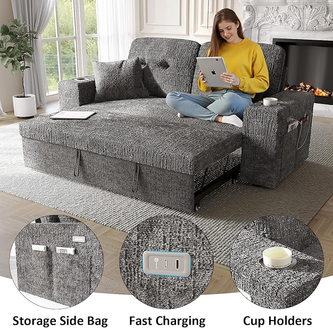 63 Inch Sleeper Sofa Bed, 4 in 1 Pull Out Couch Bed with Adjustable Backrest, Small Loveseat with Wide Armrest | USB Charging | Side Pockets | Cup Holders | Tool Free Assembly, Grey Chenille