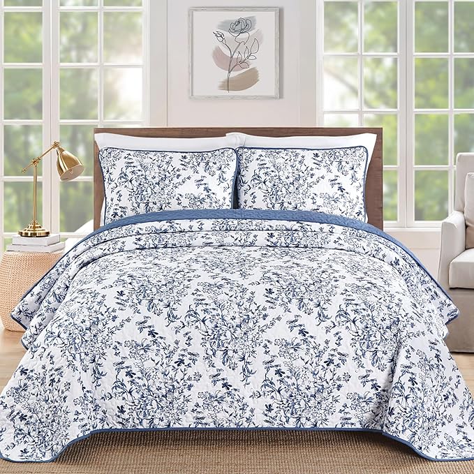 WONGS BEDDING Quilt King Size, Blue Quilt Bedding Set with 2 Pillowcases, Botanical Quilt for King Bed, Soft Microfiber Lightweight Coverlet Bedspread for All Season (110"×90", 3 Pieces)