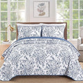 WONGS BEDDING Quilt Queen Size, Blue Quilt Bedding Set with 2 Pillowcases, Botanical Quilts for Queen Bed, Soft Microfiber Lightweight Coverlet Bedspread for All Season (96"×90", 3 Pieces)