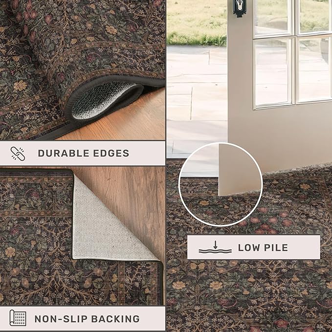Dark Brown 2x4 Entryway Rug, Small Runners for Kitchen, Door Mat Indoor Entrance, Bathroom, Non-Slip Low-Pile Washable Stain Resistant, Vintage Tapue Green Floral Design