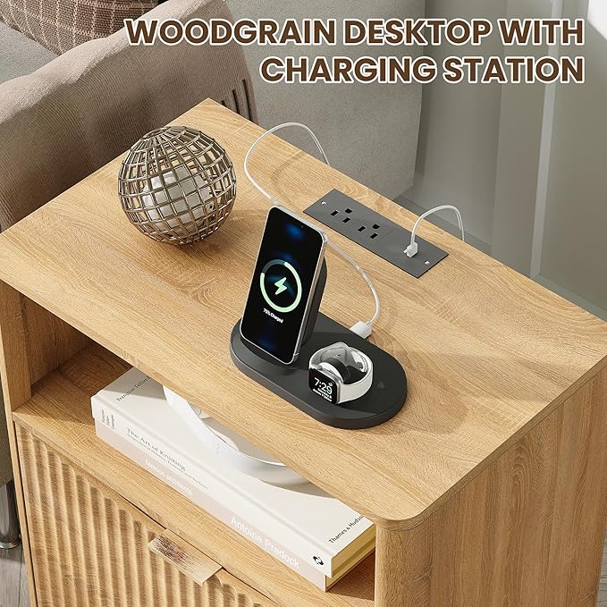 Night Stand with Charging Station, Modern Bedside Table with Drawer & Open Shelf Storage, Small Space Sidetable for Bedroom, Natural Oak