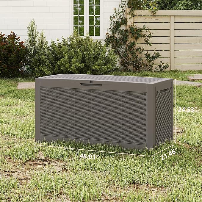 100 Gallon Outdoor Storage Box Waterproof, Resin Deck Boxes with Lockable Lid & UV-Resistant for Patio, Pool, Garden Furniture Cushions & Accessories, Coffee