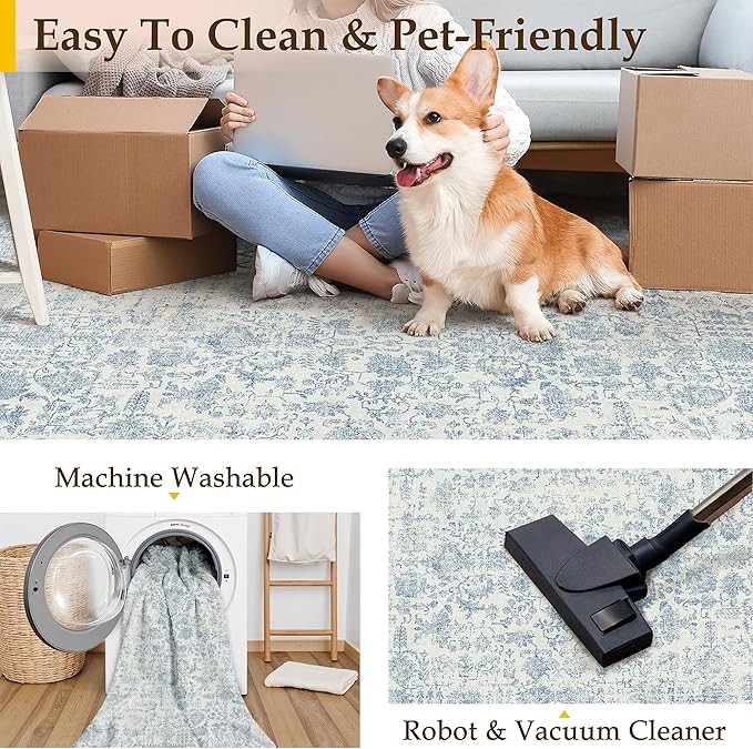 Blue Area Rug 4x5 Office Entryway Rug Machine Washable Kitchen Vintage Distressed Non Slip Carpet Indoor Retro Floral Accent Throw Door Mat for Bathroom Bedroom Dining Living Room
