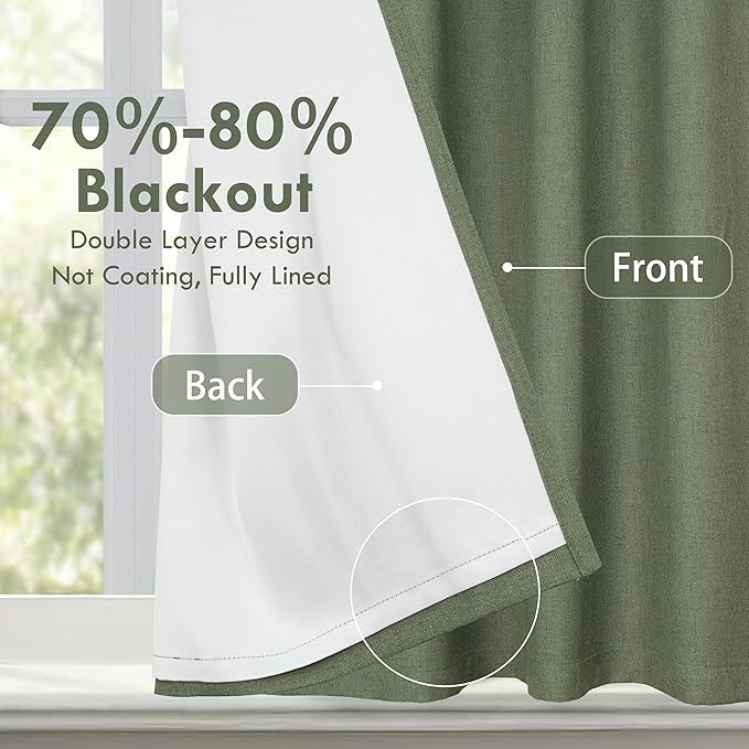 DriftAway Double Layer Linen Blackout Tie Up Curtains Thermal Insulated Fully Lined Balloon Roman Shade Bathroom Window Adjustable Rod Pocket for Small Window 25 Inch by 47 Inch Olive Green