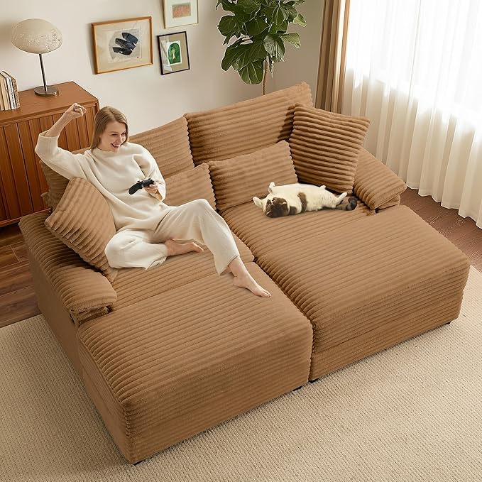 SUNWAVE 74" Double Chaise Lounge Chair Indoor, Oversized Loveseat with Removeable Ottoman, Corduroy Couch with USB Charging, Storage Ottoman, and Coffee Table Cushions for Living Room