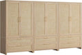 SICOTAS Armoire Wardrobe Closet, Larger Rattan Armoires Wardrobe Cabinet with 2 Large Drawers & Hanging Rod, Tall Closet Storage Cabinet for Cloak Room, Bedroom, Light Oak (3 PCS)