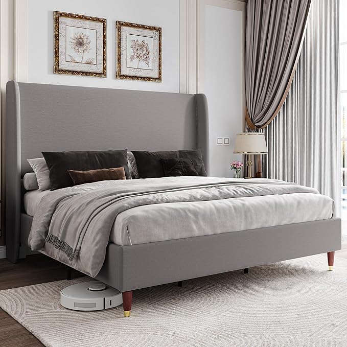 Jocisland King Upholstered Platform Bed Frame with 51.2" Tall Wingback Headboard–Solid Wood Legs, No Box Spring Needed, Light Grey Linen–Modern Style for Any Bedroom