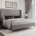 Jocisland King Upholstered Platform Bed Frame with 51.2" Tall Wingback Headboard–Solid Wood Legs, No Box Spring Needed, Light Grey Linen–Modern Style for Any Bedroom