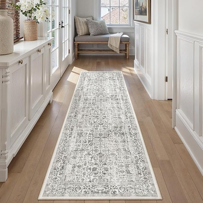 Black Runner Rug 2x7 Hallway Machine Washable Kitchen Vintage Distressed Non Slip Long Carpet Indoor Retro Floral Bedroom Accent Throw Rug for Bathroom Office Laundry Dining Room