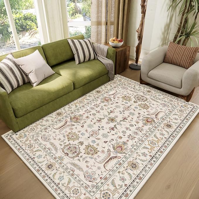 Washable 4x6 Rugs for Living Room, Boho Non-Slip Vintage Distress Small Rugs for Bedroom Nursery Office, 0.3" Neutral Oriental Throw Thin Carpet with Cushioning Pad, Beige/Rust/Green/Multi