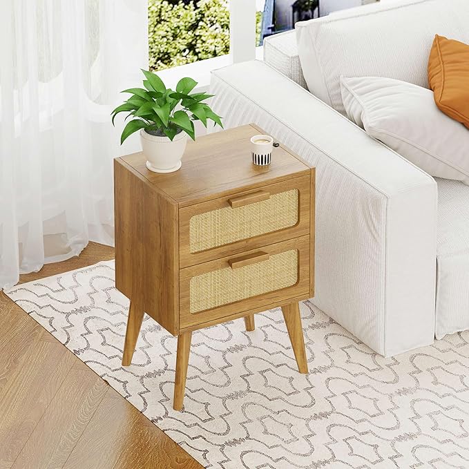 YAUKOMEL Rattan Nightstand,End Table, Side Table with 2 Hand Made Rattan Decorated Drawers,Boho Bedside Table,Wood Accent Table with Storage for Livingroom, Bedroom, Toffee Wood CTG59T