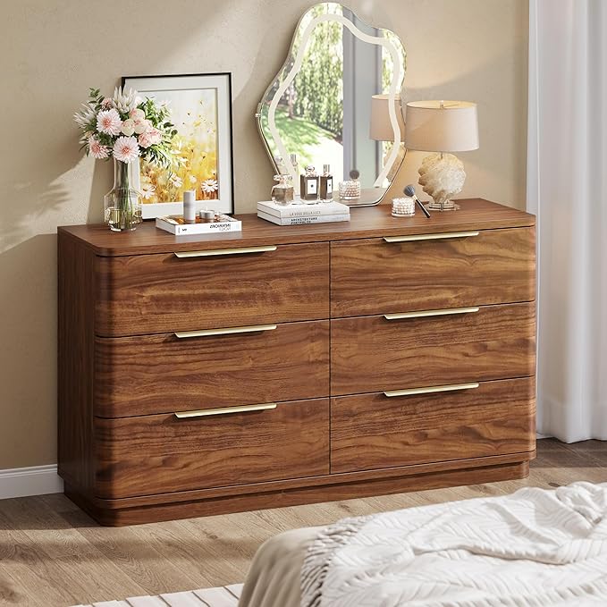 6 Drawer Dresser for Bedroom, 54" Wide Modern Chest of Drawers with Metal Handle, Curved Profile Design, Wooden Walnut Dresser Closet Clothes Storage TV Stand for Living Room, Hallway