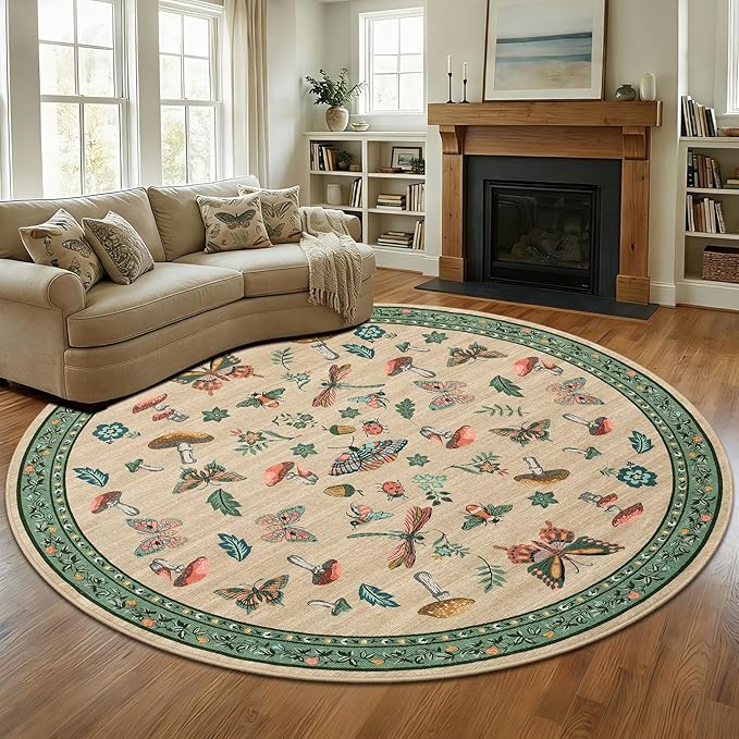 Mushroom Insect 7ft Round Rug Washable Non-Slip Soft Ultra-Thin Large Boho Circle Carpet for Entryway Kitchen Bedroom Nursery Dining Room Khaki Green
