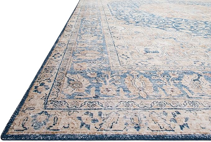 Loloi Layla Collection LAY-07 Blue/Tangerine 2'-0" x 5'-0" .13" Thick Accent Rug, Soft, Durable, Vintage Inspired, Distressed, Low Pile, Non-Shedding, Easy Clean, Printed, Living Room Rug