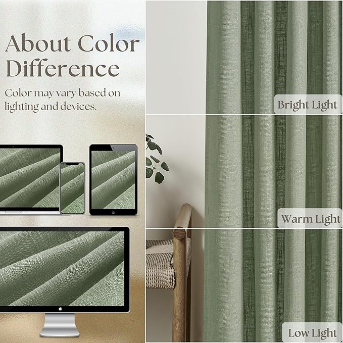 Green Linen Semi Sheer Curtains 90 Inches Long for Living Room Bedroom Light Filtering Sage Green Textured Burlap Pinch Pleated Curtains 90 Length Hooks Rings Back Tab for Sliding Door 2 Panels