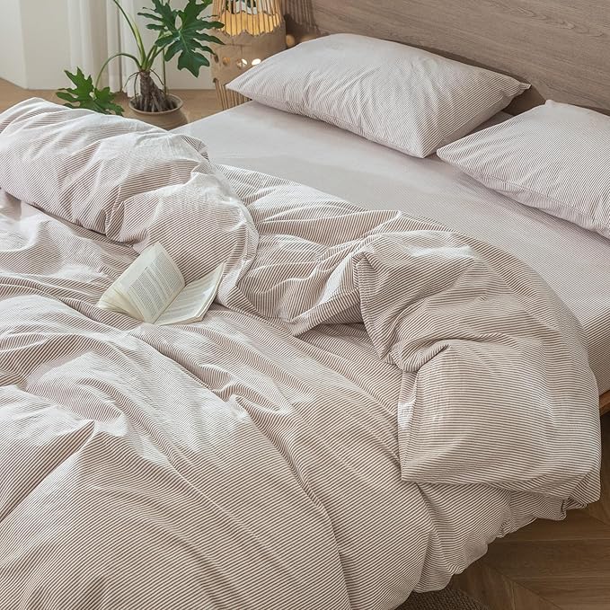 MooMee Striped Duvet Cover Set 100% Washed Cotton Linen Like Textured Breathable Durable Soft Comfy (Orange Pinstripes, Full 80"x90")