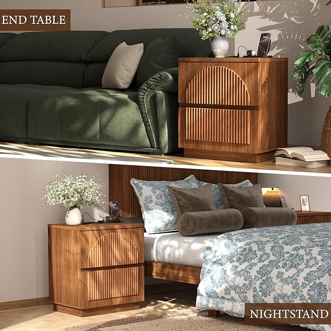 Yechen Nightstand with Drawers, Modern Arched Reeded Wood Nightstand with Charging Station, Wooden Night Stand with Storage,Bedside End Tables for Bedroom, Walnut