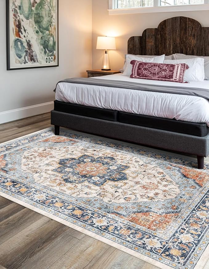 vivorug 3x5 Rug, Boho Small Area Rug for Living Room, Bedroom, Kitchen, Machine Washable Non-Slip Throw Rug, Vintage Floral Carpet for Entryway Nursery Coffee Table - Durable (Orange/Navy)