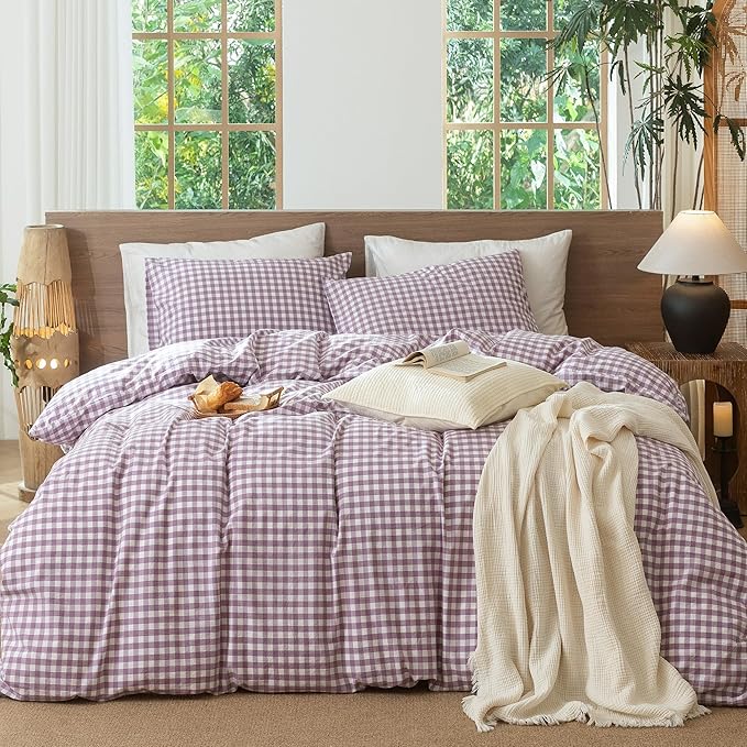 MooMee Gingham Duvet Cover Set 100% Washed Cotton Linen Like Textured Breathable Durable Soft Comfy Modern Checkered Design (Classic Gingham Light Purple, Palatial King/Oversized King 120"x98")