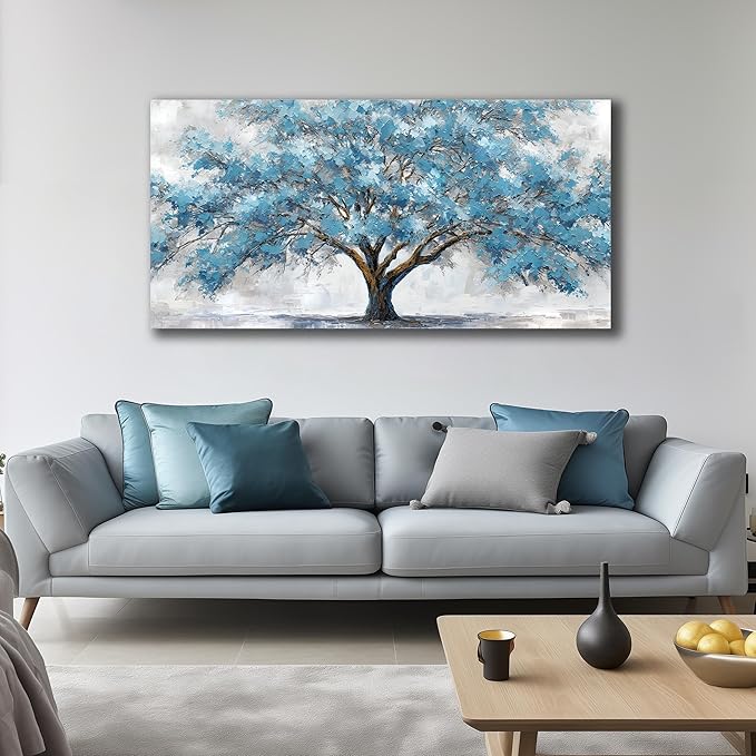 JuhaiArt Tree Wall Decor Teal Wall Art for Living Room Home Office White Canvas Art Large Artwork modern Prints 29" x 59"