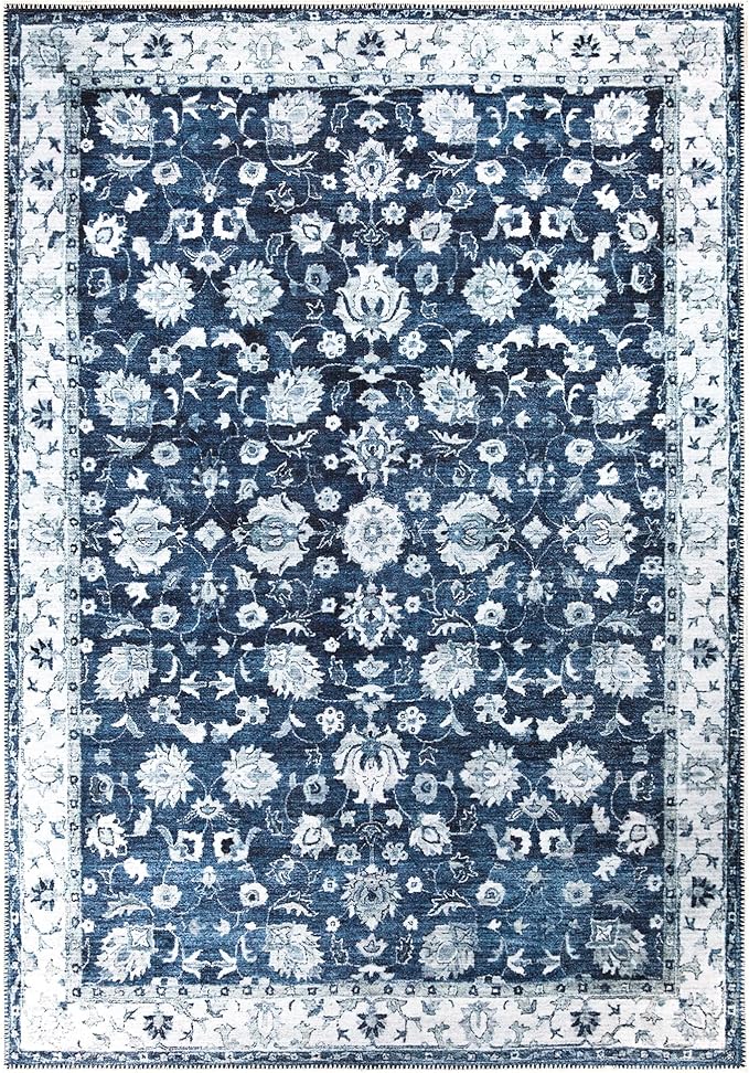 Bloom Rugs Washable Non-Slip 4' x 6' Rug - Dark Blue Traditional Bordered Area Rug for Living Room, Bedroom, Dining Room, and Kitchen - Exact Size: 4' x 6'