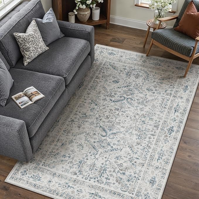 Blue 3x5 Entryway Rug Vintage Area Carpet Indoor Office Washable Door Mat Entrance Small Low Pile Traditional Distressed Retro Accent Throw Rug Non Slip Kitchen Bathroom