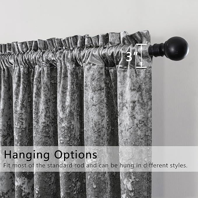 SMILETIME Grey Crushed Velvet Curtains 52x108inch Rod Pocket Luxurious Thermal Insulated Soundproof Drapes Soft and Durable Light-Filtering Window Treatments for Living Room Bedroom, 2 Panels
