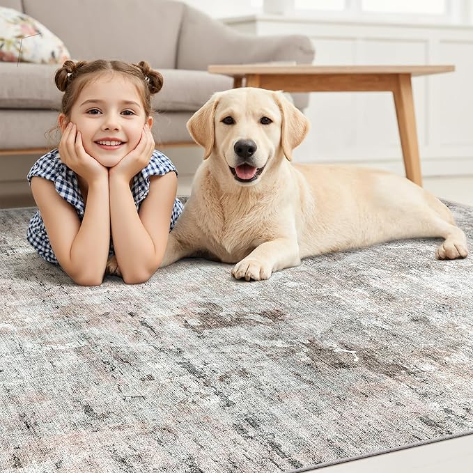 9x12 Area Rugs for Living Room, Non Slip Machine Washable Vintage Rugs, Low Pile Lightweight Large Rug for Bedroom, Dining Room, Home Office Grey Pink