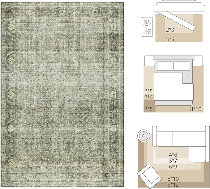 FMFUNCTEX 6x9 Washable Area Rug Green Vintage Neutral Distressed Large Non Slip Carpet for Living Room Bedroom Soft Low Pile Indoor Mat Retro Throw Rug for Dining Room Kitchen Office Nursery