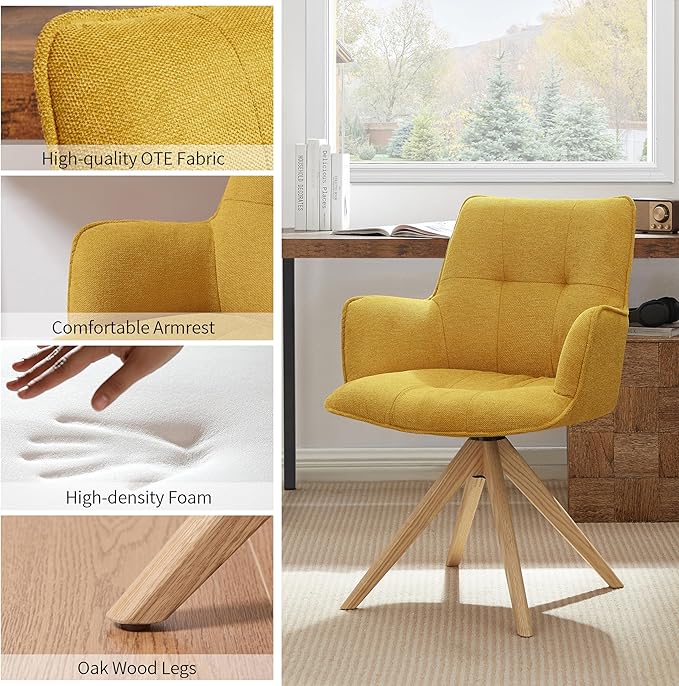 Art Leon Mid Century Modern Swivel Accent Chair - Home Office Desk Chair No Wheels, Fabric Upholstered Armchair with Oak Wood Legs for Small Space Living Room Bedroom, Yellow