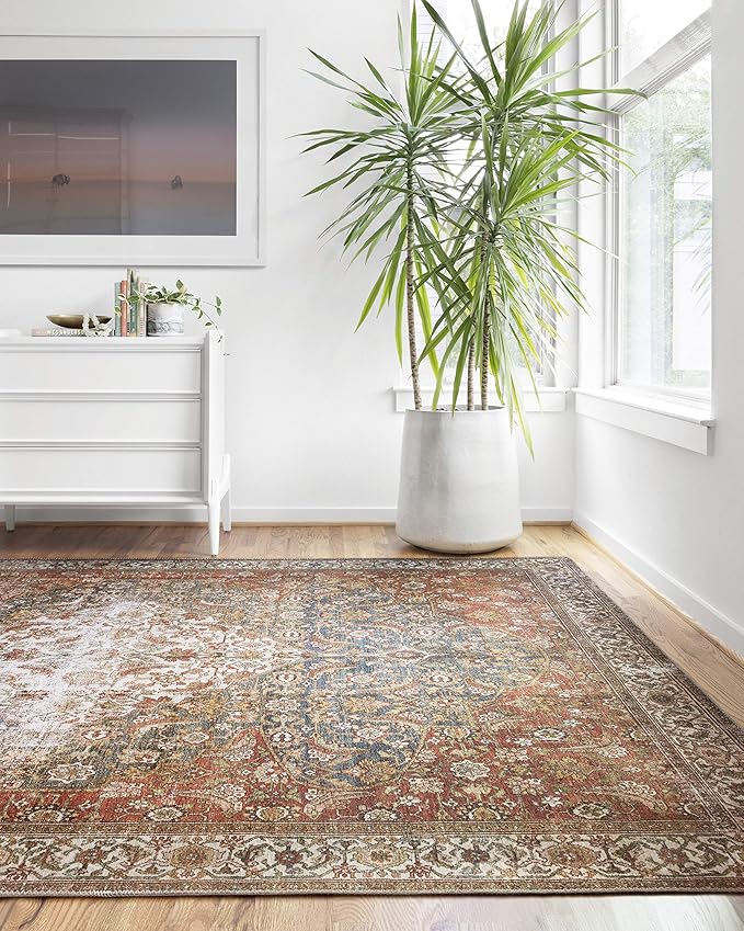 Loloi Layla Collection LAY-05 Ocean/Multi 9'-0" x 12'-0" .13" Thick Area Rug, Soft, Durable, Vintage Inspired, Distressed, Low Pile, Non-Shedding, Easy Clean, Printed, Living Room Rug