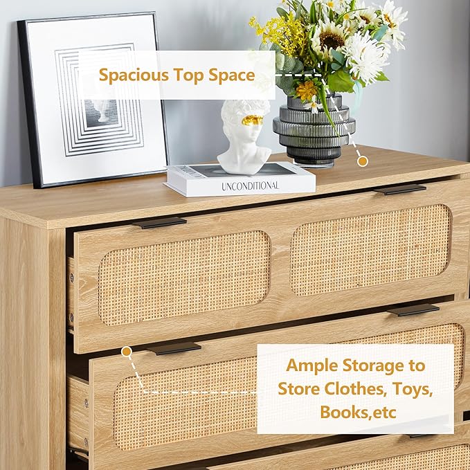 LEVNARY 5 Drawer Chest Dresser, Rattan Tall Dresser 5 Chest of Drawers Dressers for Bedroom, Wooden Storage Cane Cabinet with Metal Handles for Living Room Hallway (Natural)