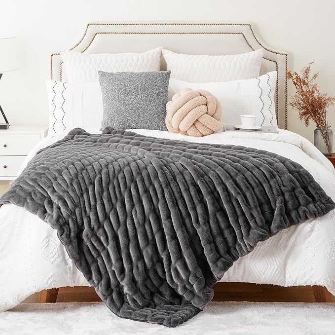 BATTILO HOME Luxury Faux Fur Blanket for Couch, Double Side Ruched Rabbit Fur Blanket Supper Soft Throw Blankets for Bed, Cozy Blanket, 50“x60