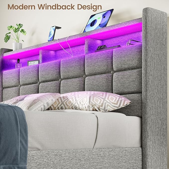 Lift Up Full Size Bed Frame with Storage, Upholstered Full Bed Frame with LED Lights Headboard and Charging Station, No Box Spring Needed, Easy Assembly - Light Grey