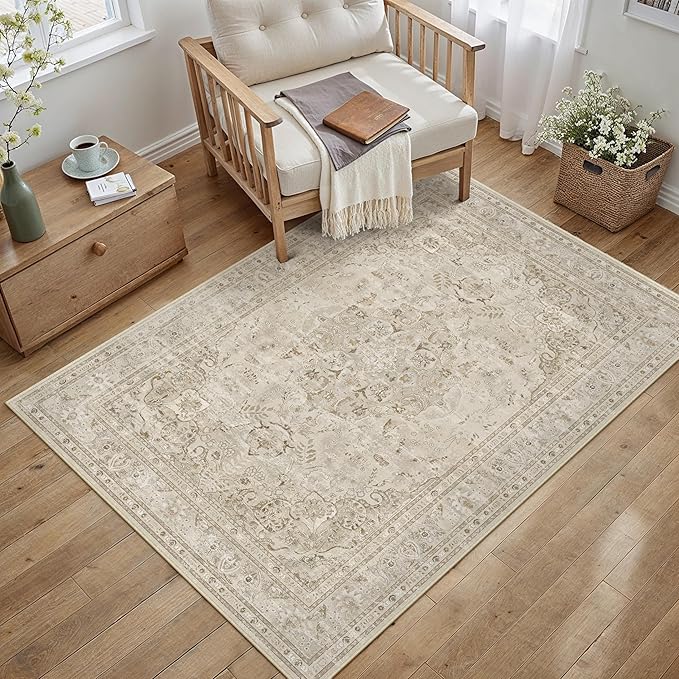 Brown 3x5 Area Rug Washable Vintage Carpet for Entryway Office Soft Retro Floral Kitchen Low Pile Thin Door Mat Non Slip Central Medallion Throw Rug for Bathroom Bedroom Dining Living Room