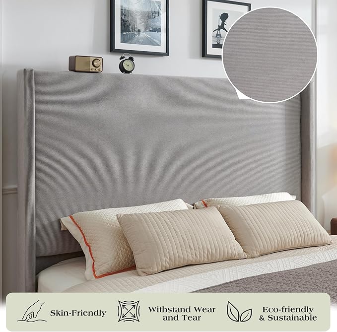 Queen Bed Frame with 63" Tall Headboard, Horizontal Fine Corduroy Bed Frame with Wingback, Upholstered Platform Bed, Vintage Solid Wood Gourd Legs, No Box Spring Needed, Gray