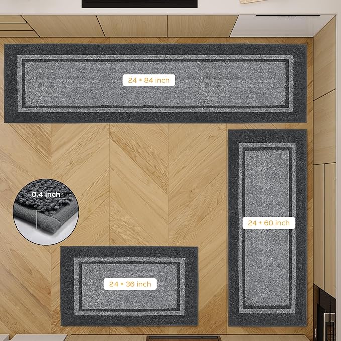 Kitchen Rugs 24" x 70", Non-Slip Machine Washable Kitchen Runner Rugs Floor Mats, Absorbent Comfort Standing Mats for Kitchen, Sink, Laundry and Hallway, Rolled Packaging, Light Grey & Dark Grey