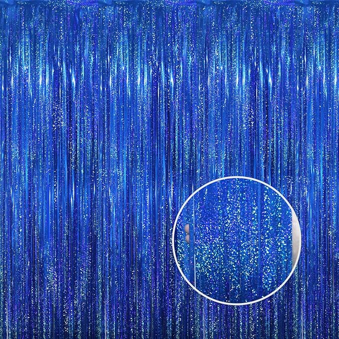 GOER 3.2 ft x 8.2 ft Metallic Tinsel Foil Fringe Curtains Party Photo Backdrop Party Streamers for Birthday,Graduation,New Year Eve Decorations Wedding Decor(5 Packs,Shiny Blue)