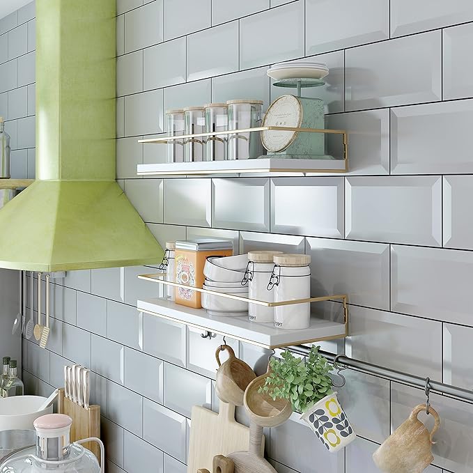 Shario White Floating Shelves - Set of 2, Wall Mounted Hanging Shelves with Golden Towel Rack, Decorative Storage Shelves for Bathroom, Kitchen, Living Room & Bedroom (White Gold, 15.7 Inches) | Hanging Shelves, for Bathroom, Kitchen, Living Room, Bedroom