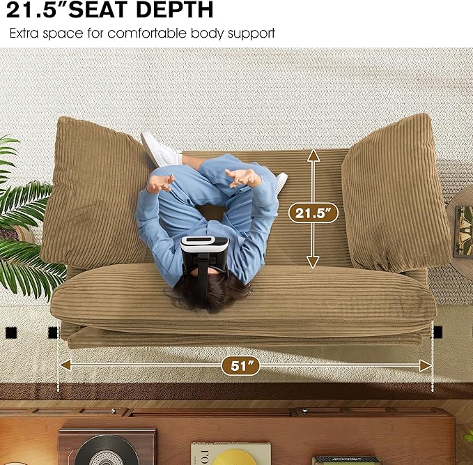 51" Loveseat Sleeper Sofa Bed, Corduroy Convertible Floor Sofa Bed for Small Spaces, Folding Couch Bed with Deep Seat, 2 Pillows & Solid Frame, Pull Out Floor Couch for Living Room, Brown