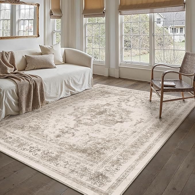 Area Rug 5x7 Beige Washable Living Room Carpet Non Slip Vintage Medallion Low Pile Soft Indoor Bedroom Retro Distressed Indoor Rug for Kitchen Home Office Laundry Dining Room