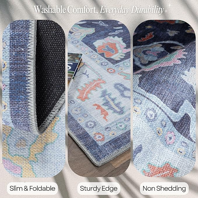 Fame Rugs Navy Blue Modern Oushak Rug 10x13, Vintage Turkish Colorful Oriental Washable Antique Inspired Oversize Area Rugs, Luxury Living Room Bedroom (388NB, 10' x 13')