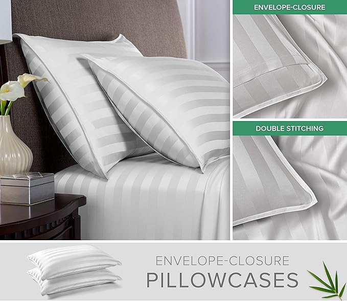Pure Bamboo Split King Sheets, Genuine 100% Organic Viscose Derived from Bamboo Bed Sheet Set, Soft & Cooling, Double Stitching, 2 Fitted Sheets (Split King, Jacquard White)