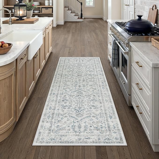 Blue 2x5 Runner Rug Vintage Area Carpet Hallway Indoor Kitchen Washable Low Pile Traditional Distressed Retro Accent Throw Rug Non Slip for Laundry Bathroom Office