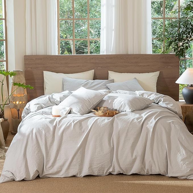 MooMee Wavy Striped Duvet Cover Set 100% Washed Cotton Linen Like Textured Breathable Durable Soft Comfy (Light Grey, Cal King 104"x98")