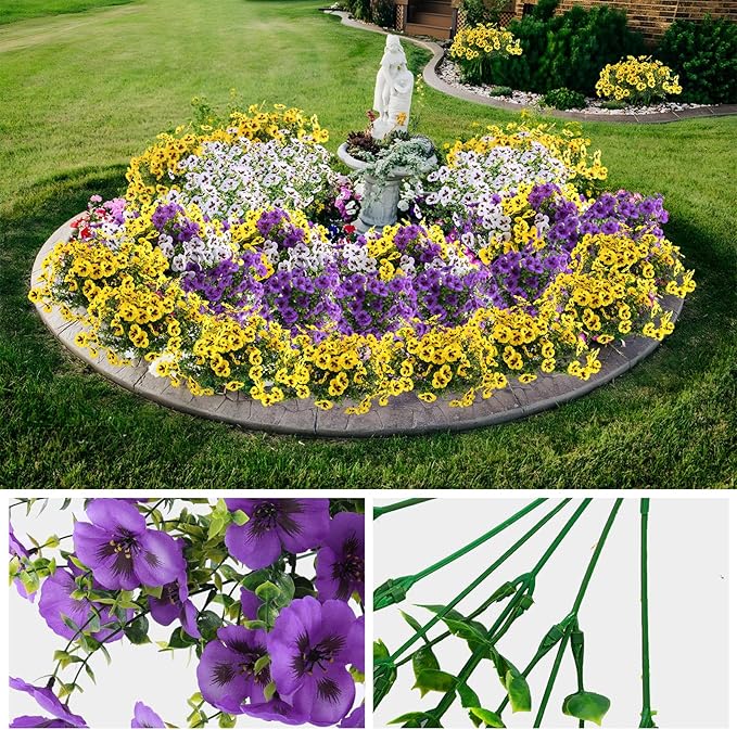 18 Pcs Artificial Fake Pansy Flowers for Outdoor, Faux Silk Pansies Spring Flowers for Outside for Planter Front Door Porch Yard Patio Window Box Home Decor (18, Purple, Yellow, White)